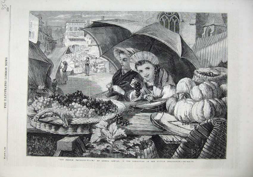 Original Old Antique Print Fine Art 1866 Girls Fruit Sellers Knitting Umbrella