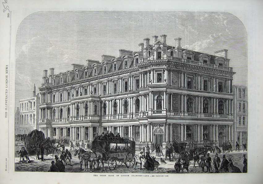 Old Antique Print 1866 Exterior Union Bank London Chancery Lane Fine Art 19th