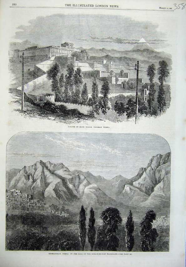 Old Antique Print 1866 Palace Kasr Kajar Teheran Persia Kermanshah Hills 19th