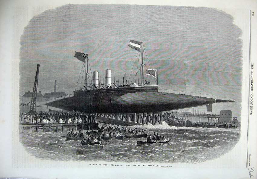 Old Antique Print 1866 Launch Steam Yacht Ship Ross Winans Millwall Art 19th