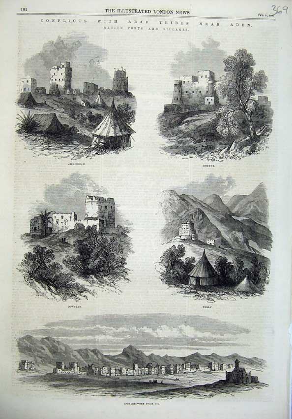Old Antique Print Aden 1866 Ahmoodiah Dhurub Teran Jowalah Assalee Hills 19th