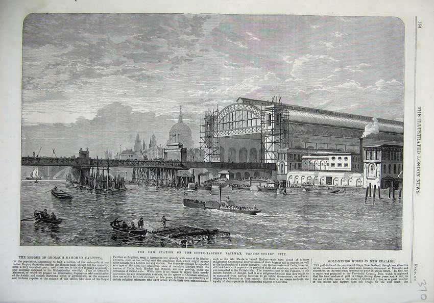 Original Old Antique Print 1866 New Station South-Eastern Railway Cannon-Street