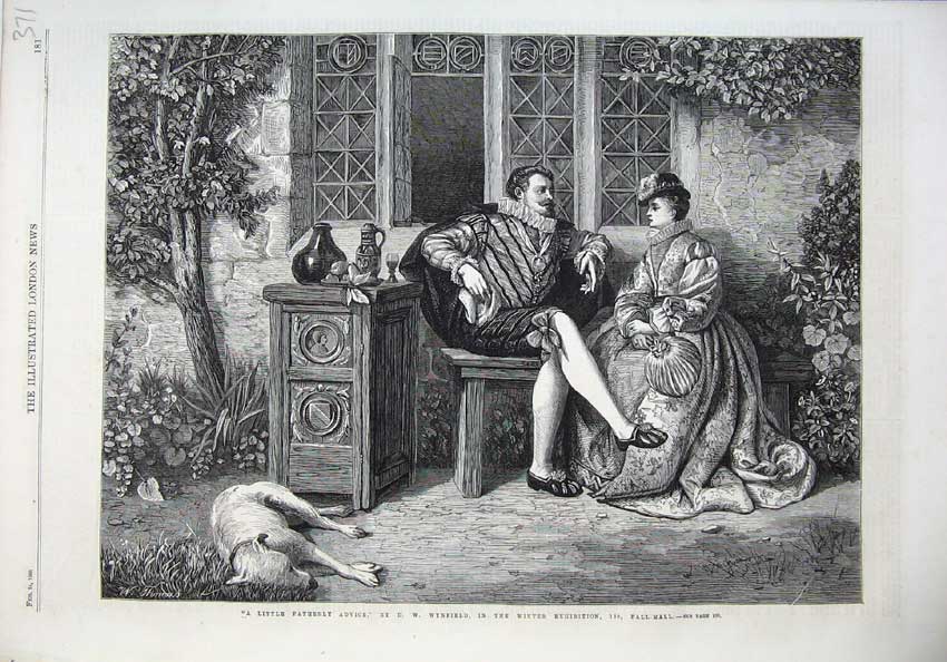Original Old Antique Print Fine Art 1866 Man Woman Romance Tabl Dog Wynfield