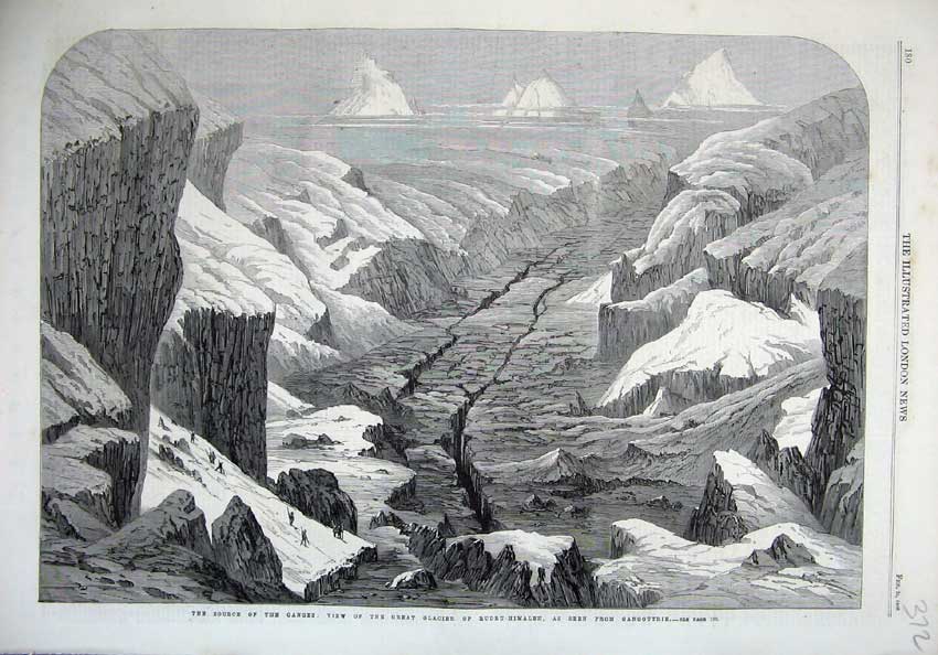 Old Antique Print 1866 Mountains Great Glacier Rudru-Himaleh Gangoutrie 19th