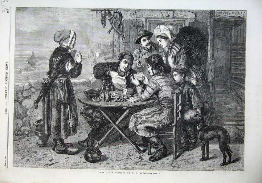 Old Antique Print Fine Art 1866 Lucky Number Men Women Table Dog Ship Sea 19th