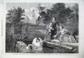 Old Antique Print Fine Art 1866 Hever Castle Swans Children Dog Lake Tree 19th