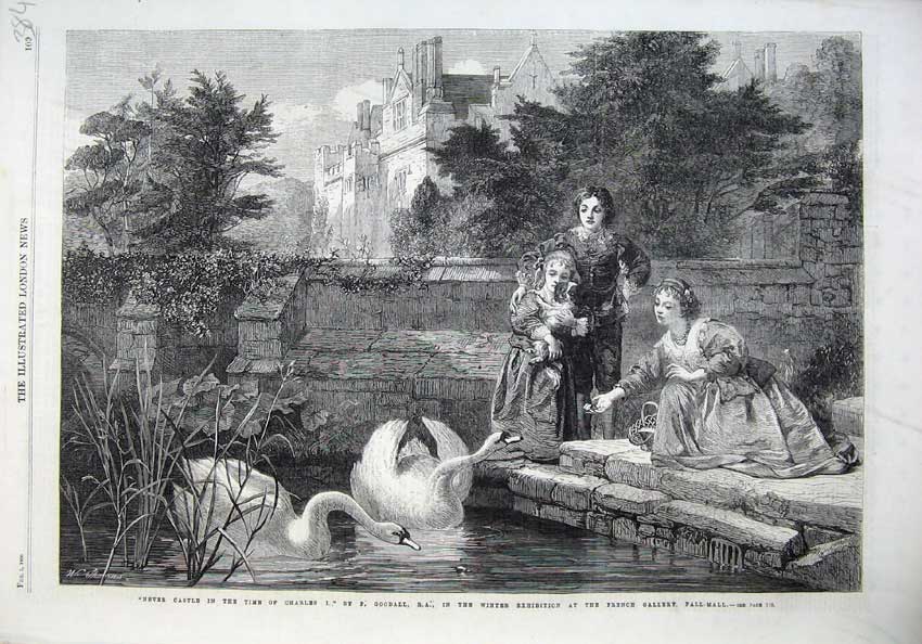 Old Antique Print Fine Art 1866 Hever Castle Swans Children Dog Lake Tree 19th