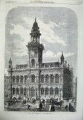 Old Antique Print 1866 Exterior View New Townhall Hull Architecture Art 19th
