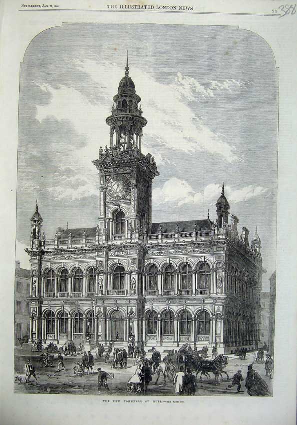 Old Antique Print 1866 Exterior View New Townhall Hull Architecture Art 19th