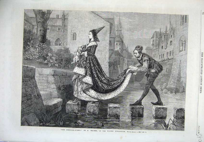 Old Antique Print 1866 Man Woman Stepping Stone Dog River Yeames Fine Art 19th