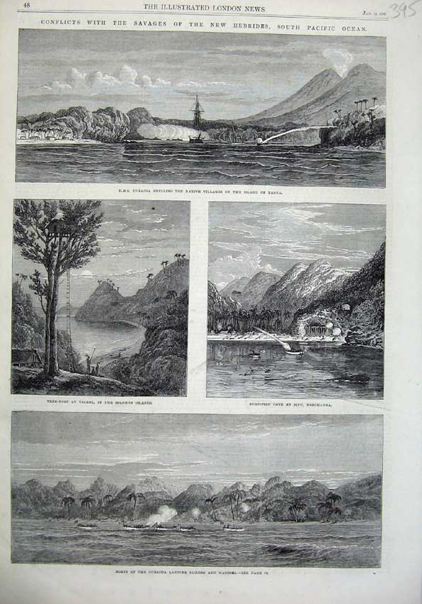 Old Antique Print 1866 Boats Curaccoa Cave Sifu Erromanga Solomon Islands 19th