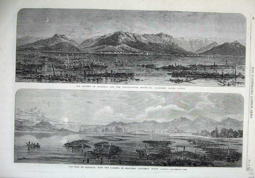 Old Antique Print 1866 Gardens Shalimar Mountains Fort Srinagar Cashmere 19th