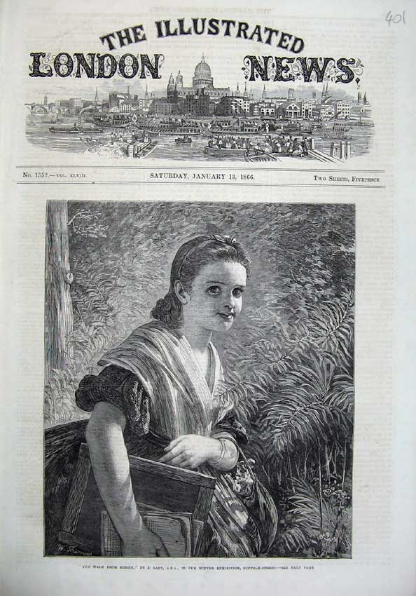 Original Old Antique Print 1866 Fine Art Little Girl Walking Home School Slate
