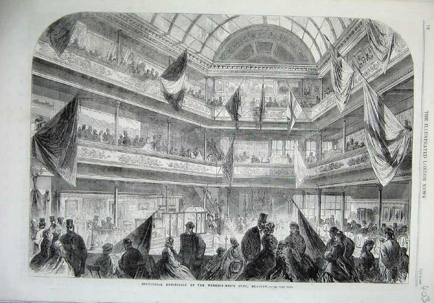 Original Old Antique Print 1866 Industrial Exhibition Working Mens Club Glasgow