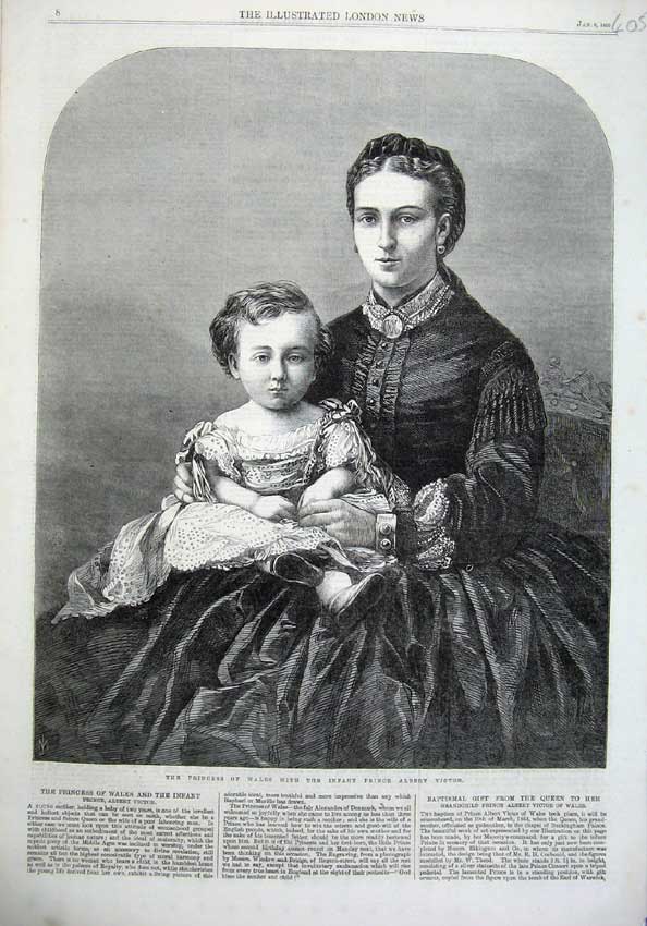 Original Old Antique Print 1866 Princess Wales Infant Prince Albert Victor Baby