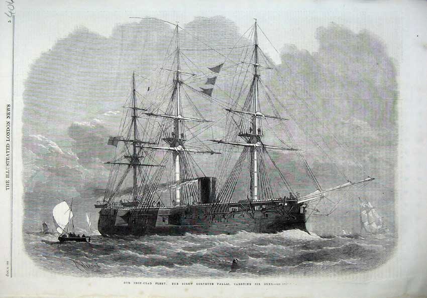 Old Antique Print 1866 Our Iron Clad Fleet Ship Screw Corvette Pallas Gun 19th