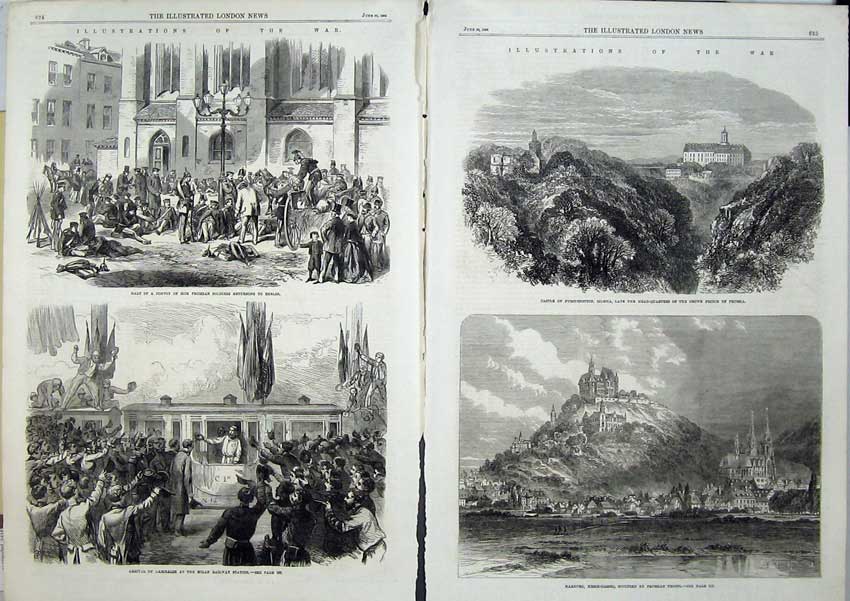 Old Antique Print War1866 Prussian Siers Berlin Castle Railway Marburg 19th