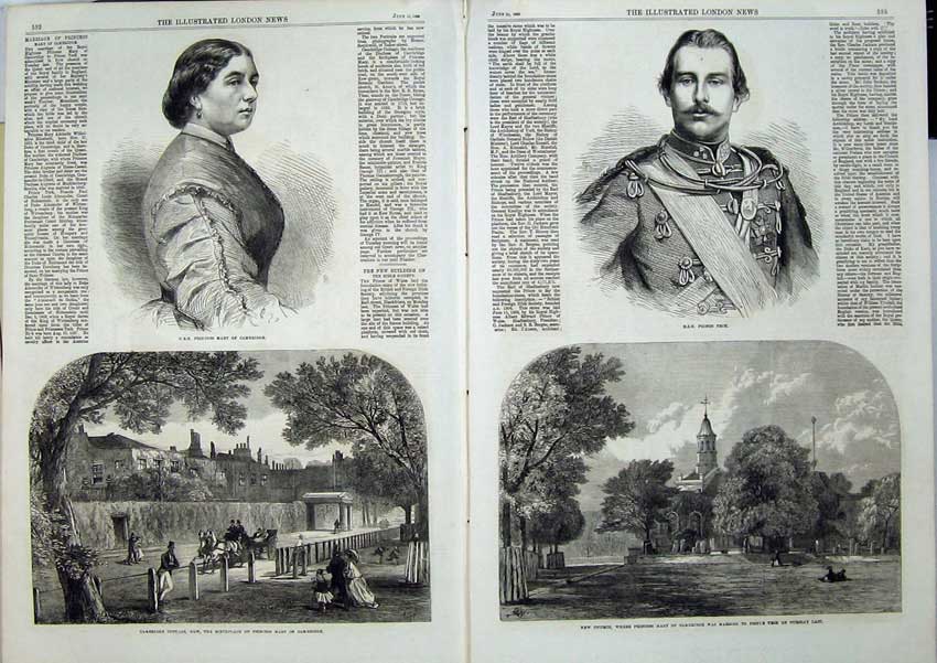 Old Antique Print 1866 Prince Teck Princess Mary Kew Church Cottage Art 19th