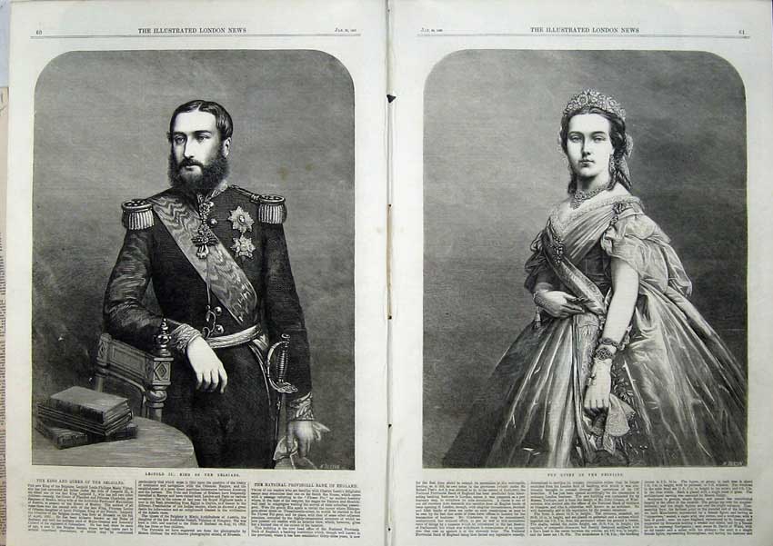 Original Old Antique Print Portrait 1866 King LeopBelgians Queen Fine Art 19th