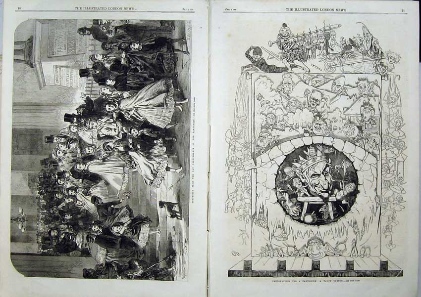 Old Antique Print 1866 Christmas Pantomime Illustrations Sketch People 19th