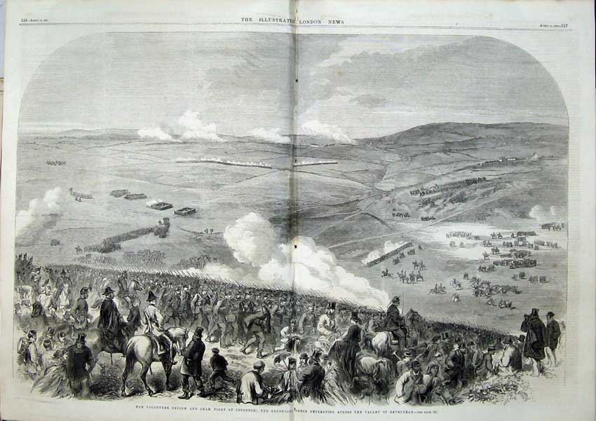 Original Old Antique Print 1866 Volunteer Review Sham Fight Brighton Bevendean