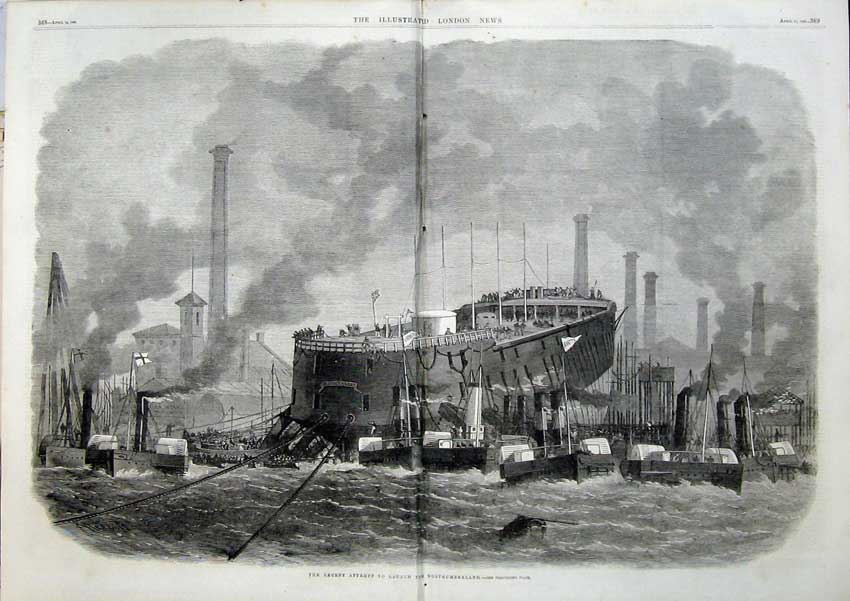 Old Antique Print 1866 Attempt Launch Ship Northumberland Harbour Boats 19th