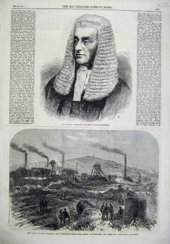 Old Antique Print John Karslake Solicitor General 1866 Colliery Newcastle 19th