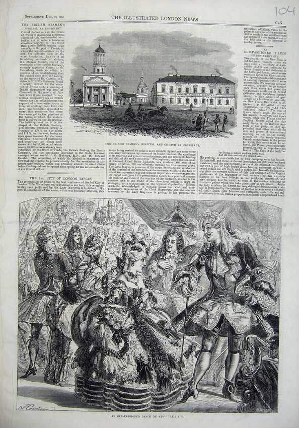 Old Antique Print Dancing New Years Party 1866 Seaman'S Hospital Church 19th