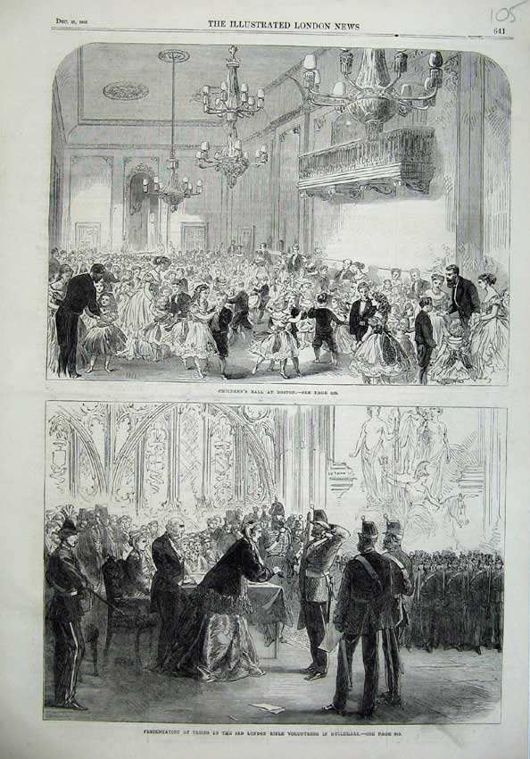 Original Old Antique Print 1866 Children'S Ball Boston London Rifle Volunterrs