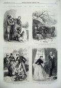 Original Old Antique Print 1866 Christmas Snow Horse Families Men Emotions 19th