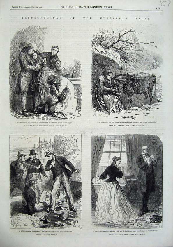 Original Old Antique Print 1866 Christmas Snow Horse Families Men Emotions 19th