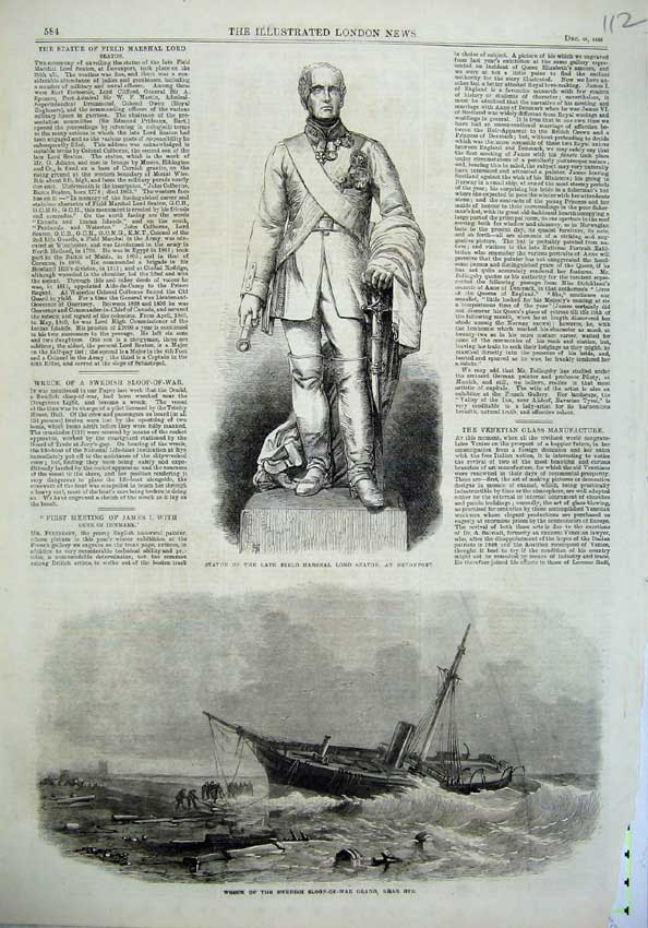 Old Antique Print Statue Field Marshal Seaton Davenport 1866 Oradd Ship 19th