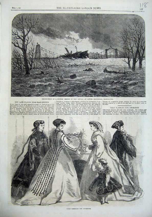 Original Old Antique Print Wreck Wooden Bridge Irwell Manchester 1866 Fashion