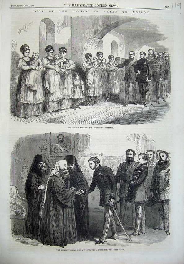 Old Antique Print Prince Wales Moscow 1866 Foundling Hospital Archbishop 19th