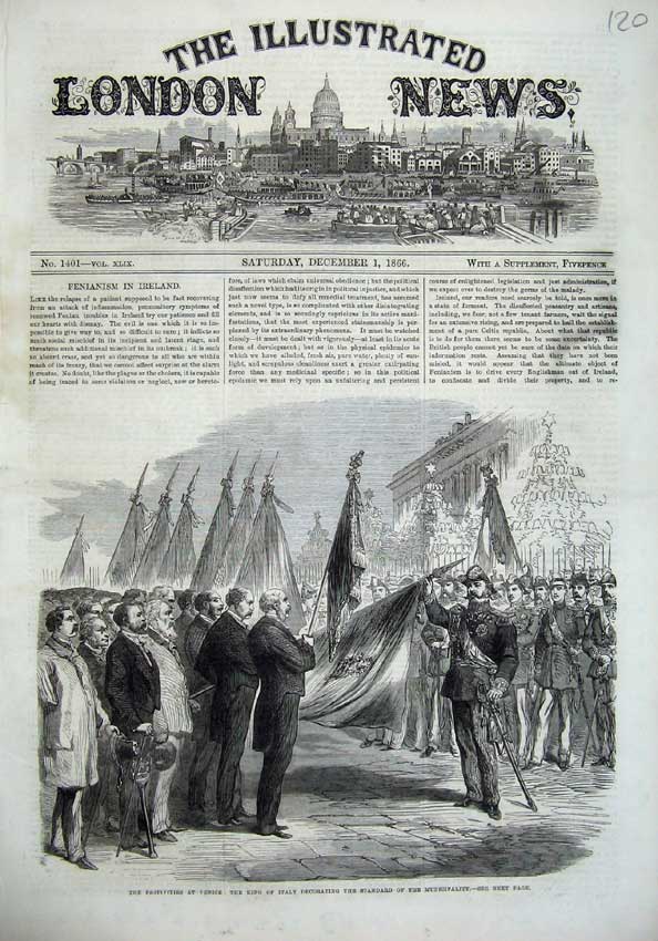 Original Old Antique Print 1866 Festivities Venice King Italy Flag Municipality