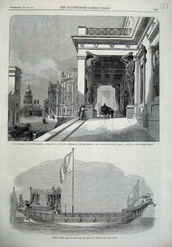 Original Old Antique Print 1866 Marriage Petersburg Hermitage State Barge Italy