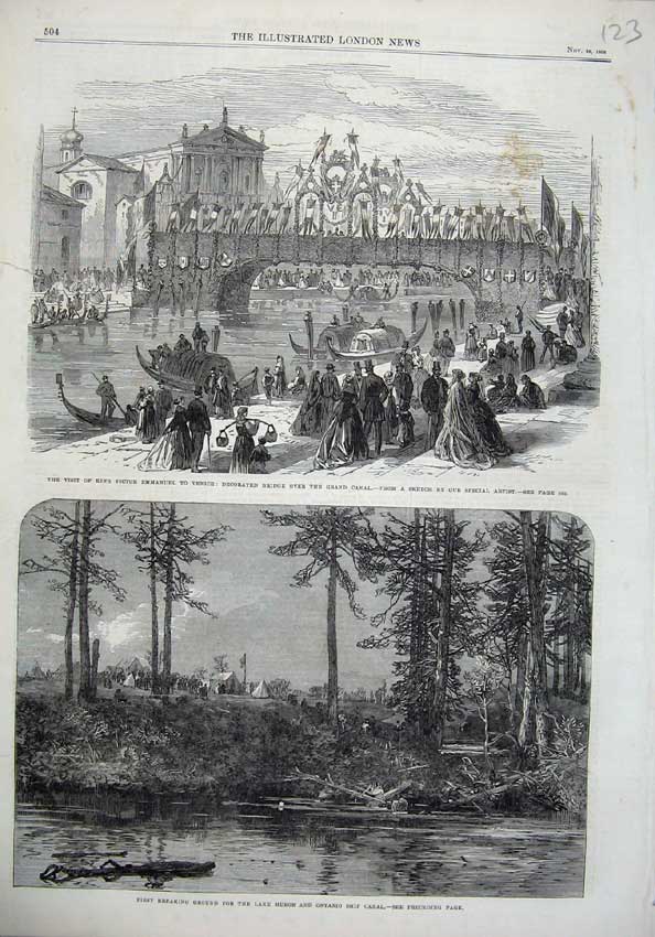 Old Antique Print King Emmanuel Venice 1866 Bridge Canal Lake Huron Trees 19th