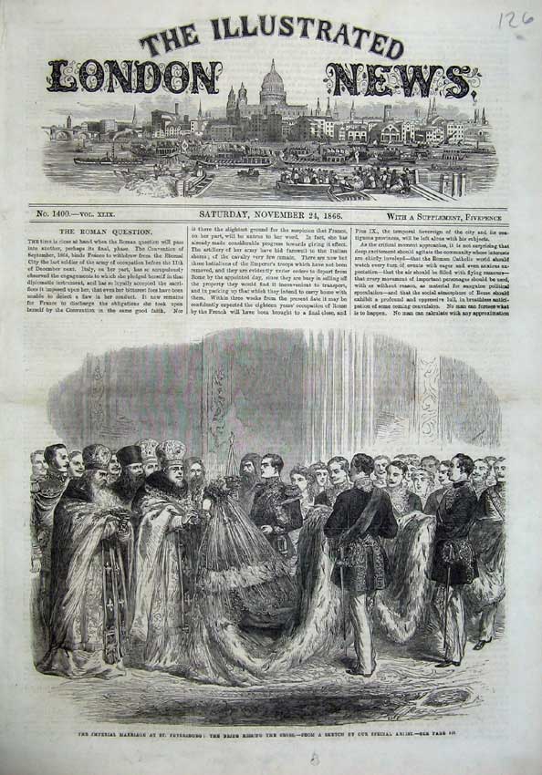 Original Old Antique Print 1866 Marriage Petersburg Bride Kissing Cross Wedding