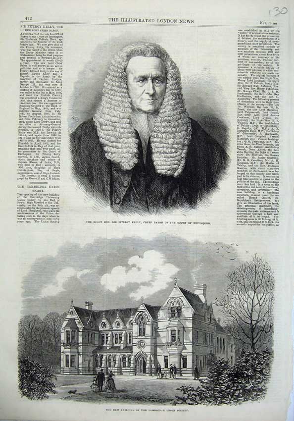 Old Antique Print Fitzroy Kelly Baron Exchequer 1866 Building Cambridge 19th