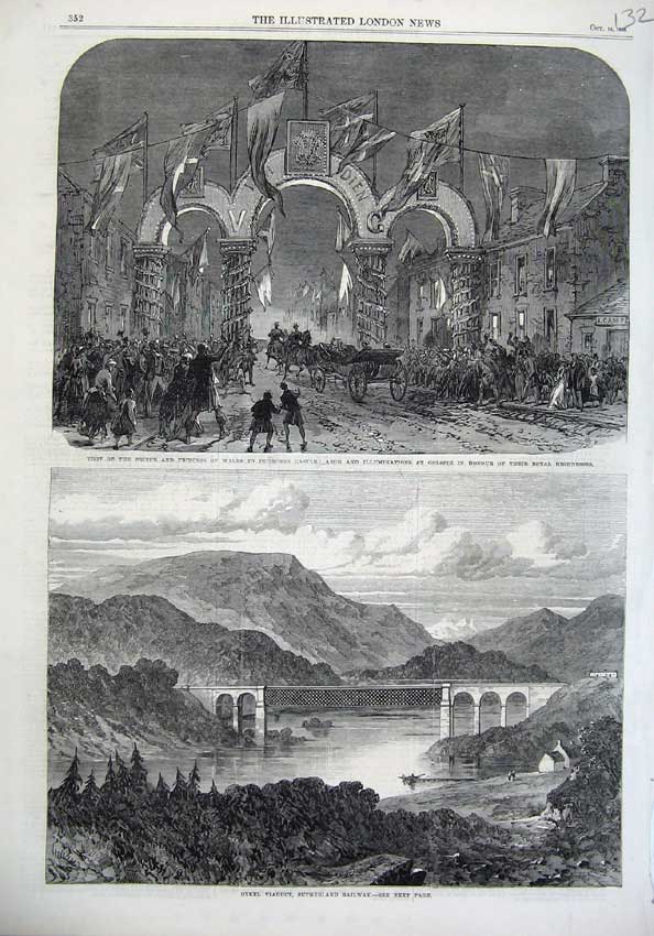 Old Antique Print Prince Wales Dunrobin Golspie 1866Viaduct Oykel Railway 19th