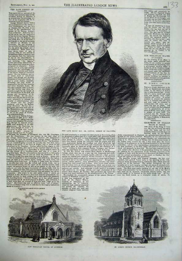 Old Antique Print Cotton Bishop Calcutta 1866 Weslyan Chapel Church Luke 19th