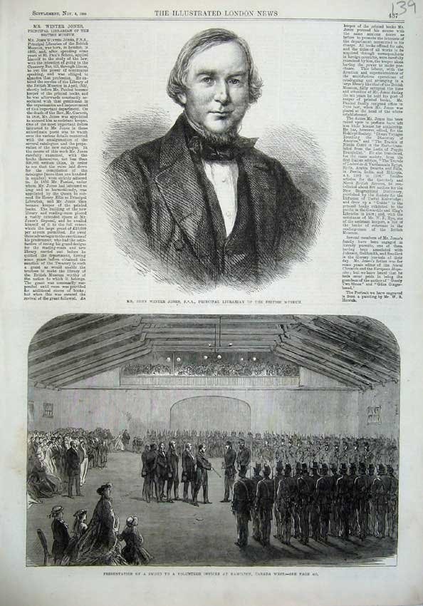 Old Antique Print John Winter Jones Librarian 1866 Sword Canada Volunteer 19th