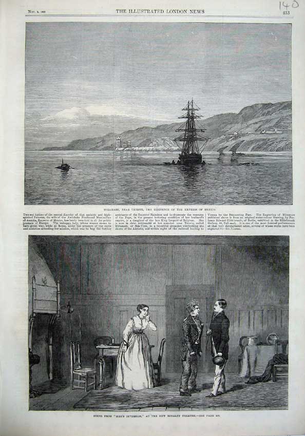 Old Antique Print 1866 Miramare Empress Mexico Ship Royalty Theatre Meg 19th