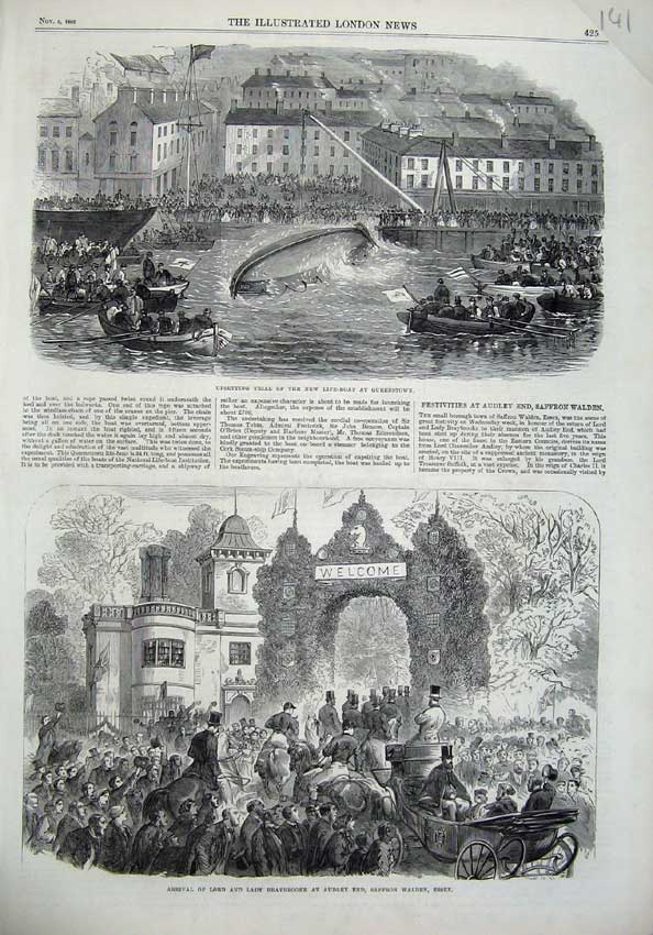 Original Old Antique Print Life Boat Queenstown Lord Braybrooke Walden Essex