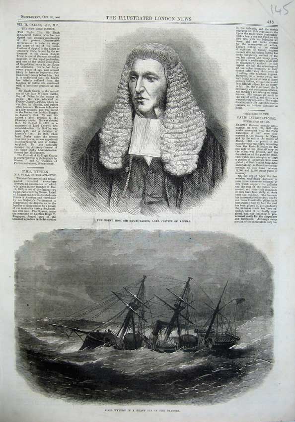 Old Antique Print Hugh Cairns Lord Justice Appeal Ship Wyvern Channel1866 19th