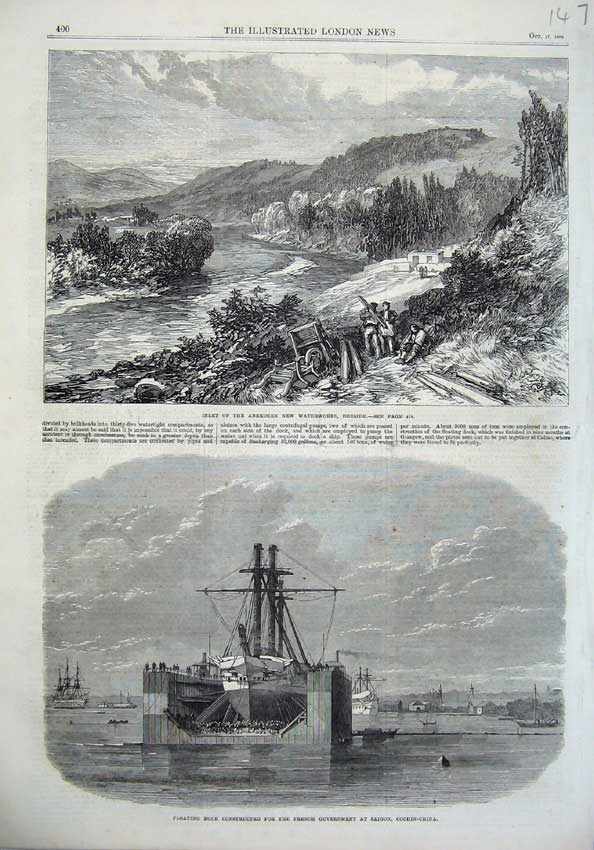 Old Antique Print 1866 Inlet Aberdeen Waterwork River Deeside Dock Saigon 19th