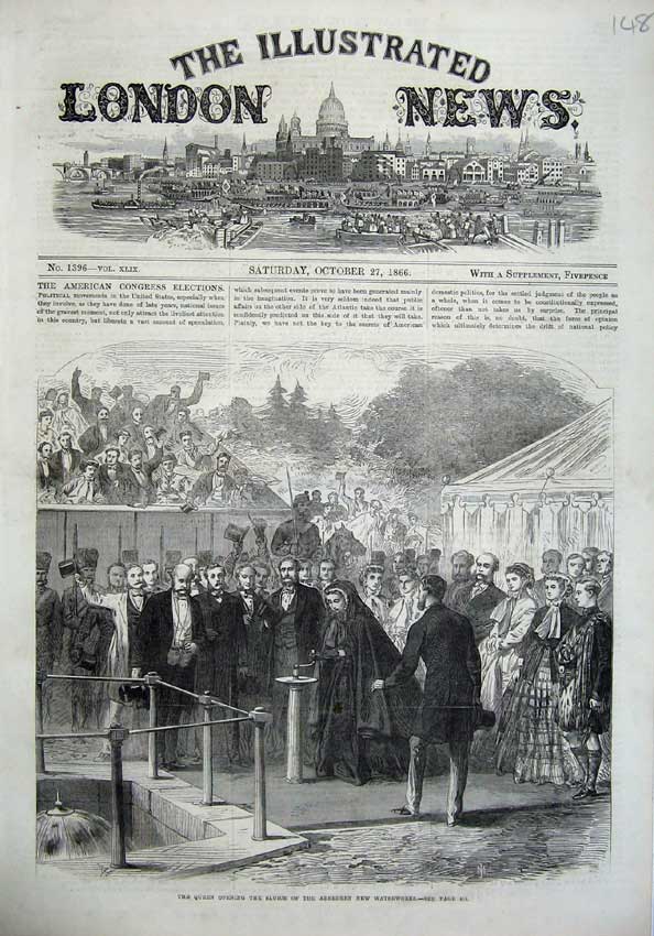 Original Old Antique Print 1866 Queen Opening Sluice Aberdeen New Waterworks