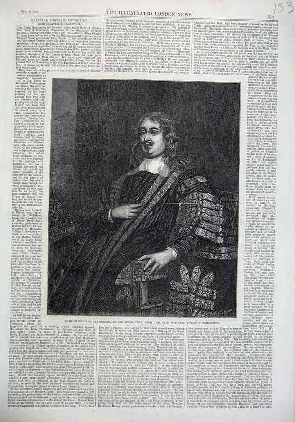 Old Antique Print 1866 Fine Art Portrait Lord Chancellor Clarendon Lely 19th