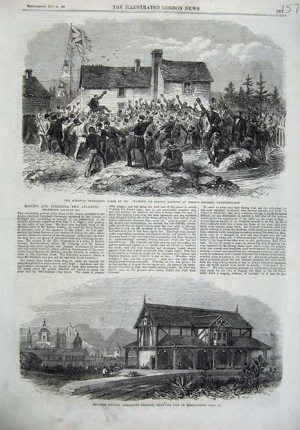 Original Old Antique Print 1866 Telegraph Newfoundland Railway Station Mexico