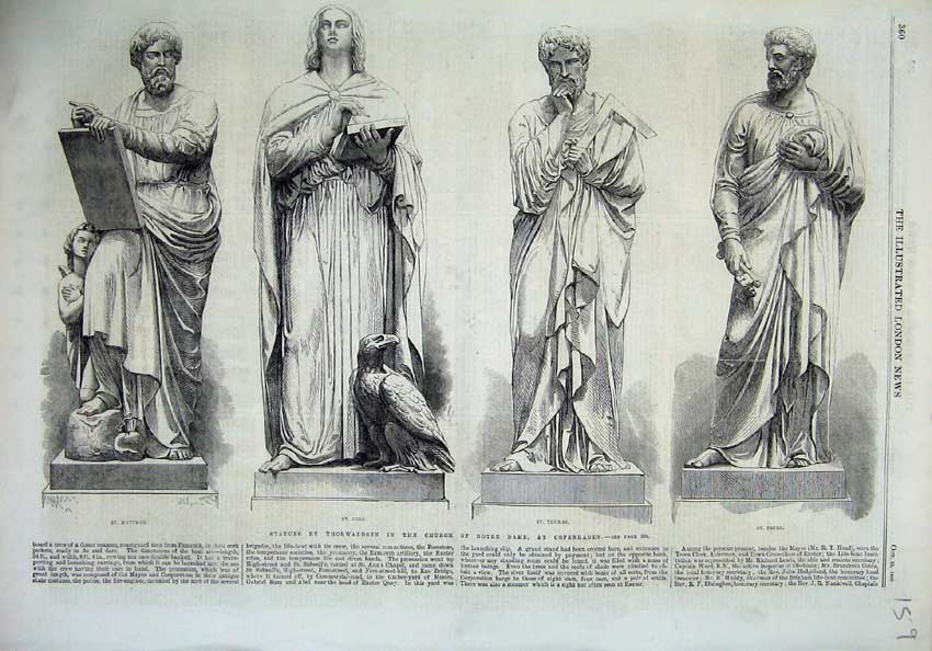 Original Old Antique Print 1866 Statues Church Notre Dam Copenhagen Thomas John